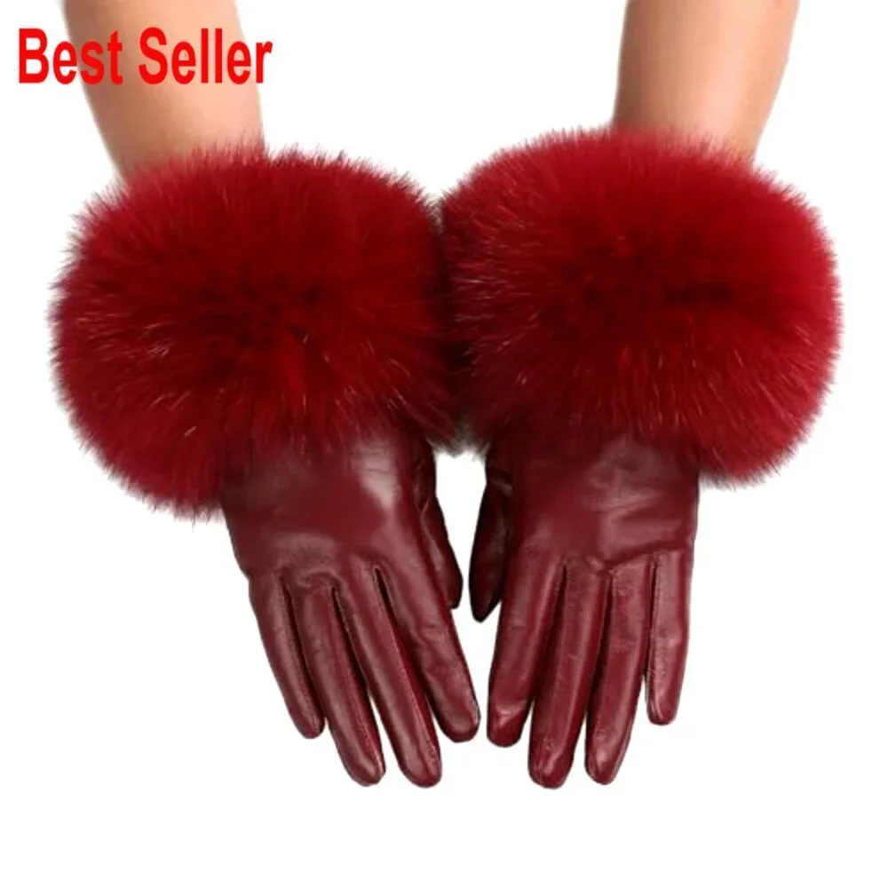 Genuine Lambskin Leather Gloves with Real Fox Fur Trim Cuff Winter Warm
